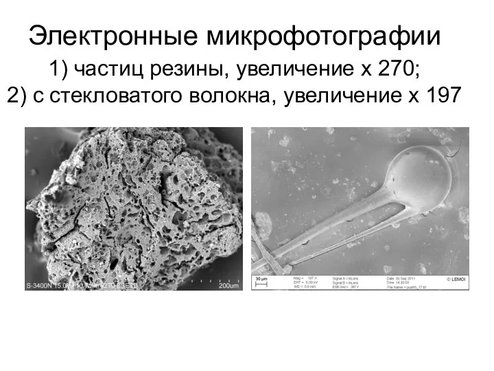 Электронные микрофотографии 1) частиц резины, увеличение x 270; 2) с стекловатого волокна, увеличение х 197