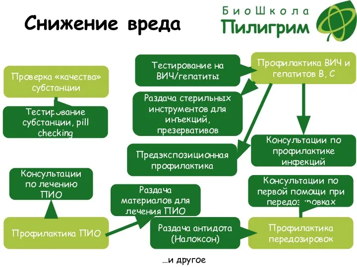 Снижение вреда Проверка «качества» субстанции Профилактика ПИО Профилактика передозировок Профилактика ВИЧ и