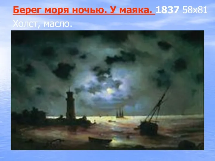 Берег моря ночью. У маяка. 1837 58x81 Холст, масло.