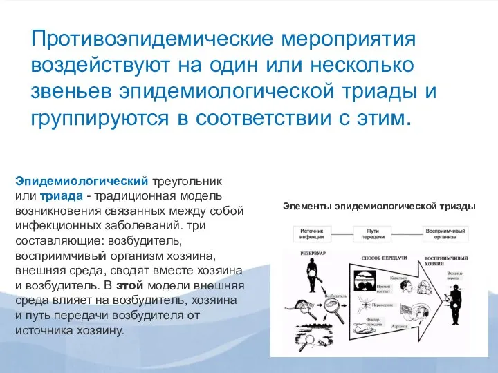 Противоэпидемические мероприятия воздействуют на один или несколько звеньев эпидемиологической триады и группируются