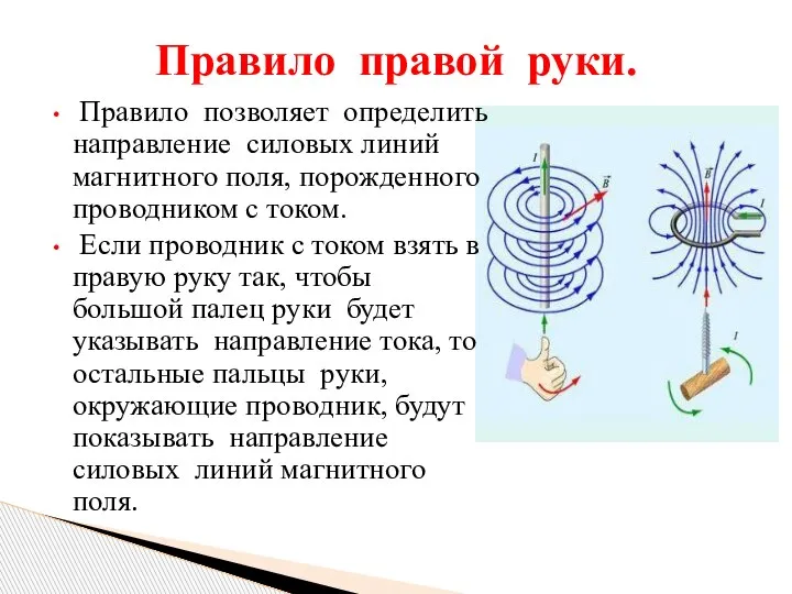 Правило позволяет определить направление силовых линий магнитного поля, порожденного проводником с током.