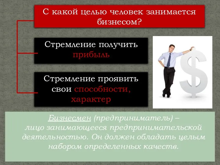 Бизнесмен (предприниматель) – лицо занимающееся предпринимательской деятельностью. Он должен обладать целым набором