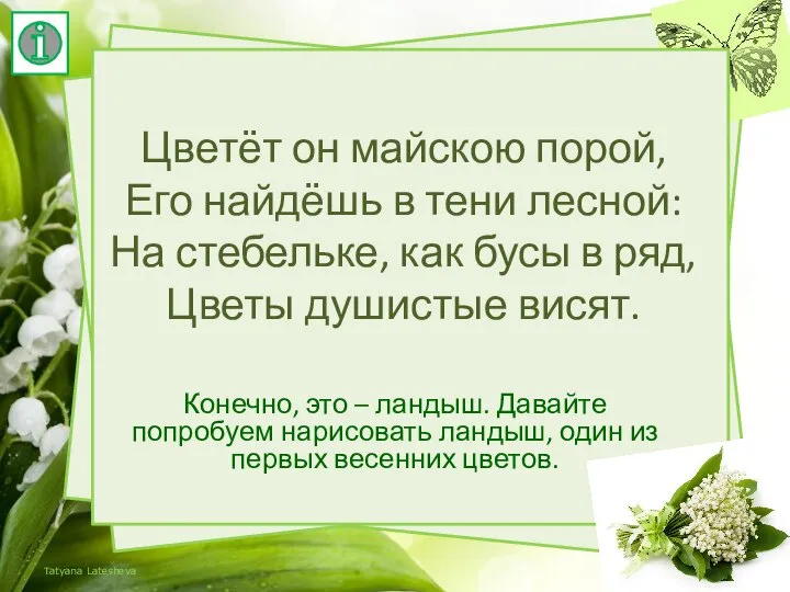 Цветёт он майскою порой, Его найдёшь в тени лесной: На стебельке, как