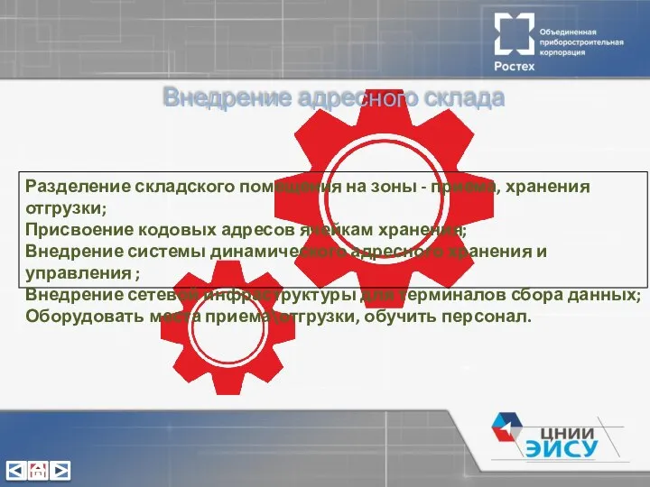 Внедрение адресного склада Разделение складского помещения на зоны - приема, хранения отгрузки;