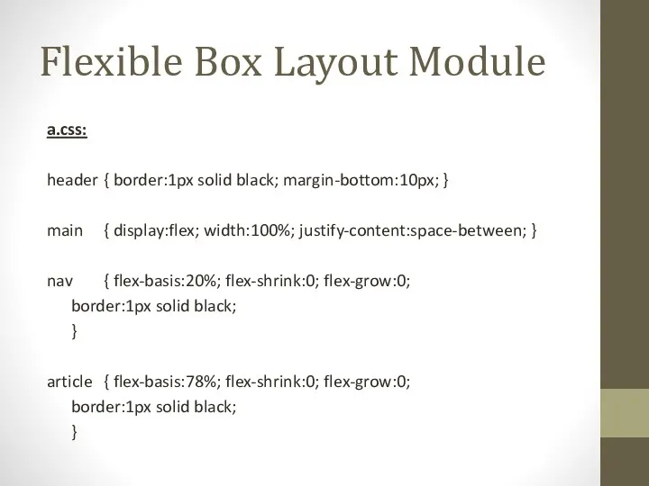 Flexible Box Layout Module a.css: header { border:1px solid black; margin-bottom:10px; }