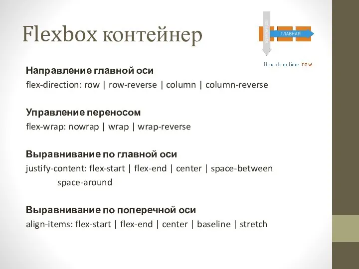 Flexbox контейнер Направление главной оси flex-direction: row | row-reverse | column |