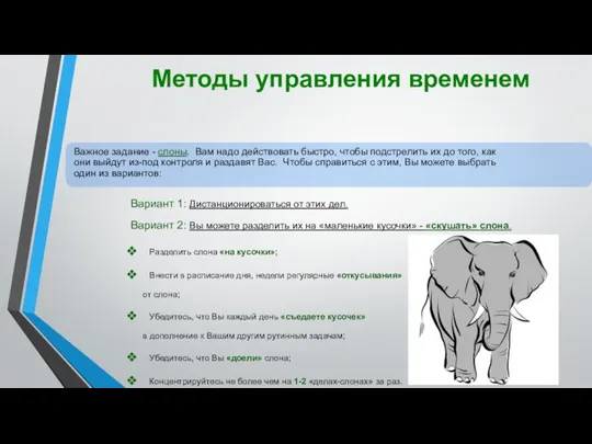 Разделить слона «на кусочки»; Внести в расписание дня, недели регулярные «откусывания» от