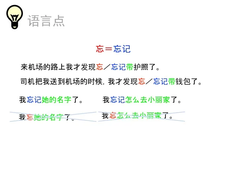 语言点 忘＝忘记 来机场的路上我才发现忘／忘记带护照了。 司机把我送到机场的时候，我才发现忘／忘记带钱包了。 我忘记她的名字了。 我忘她的名字了。 我忘记怎么去小丽家了。 我忘怎么去小丽家了。