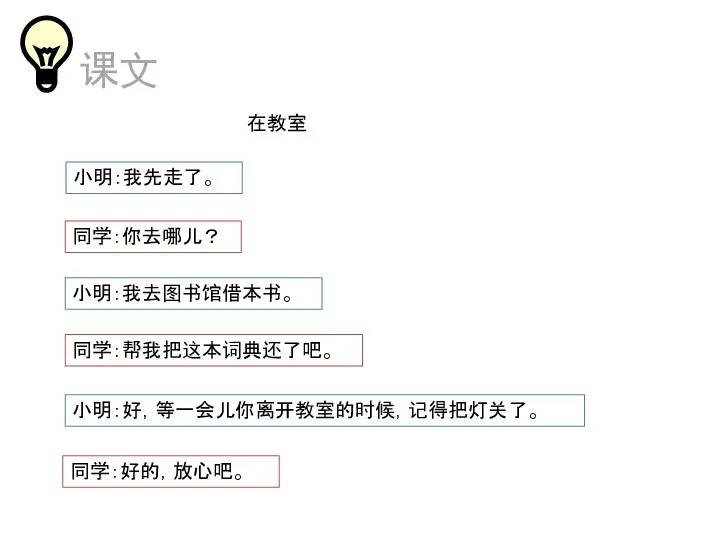 在教室 小明：我先走了。 同学：你去哪儿？ 小明：我去图书馆借本书。 同学：帮我把这本词典还了吧。 小明：好，等一会儿你离开教室的时候，记得把灯关了。 同学：好的，放心吧。