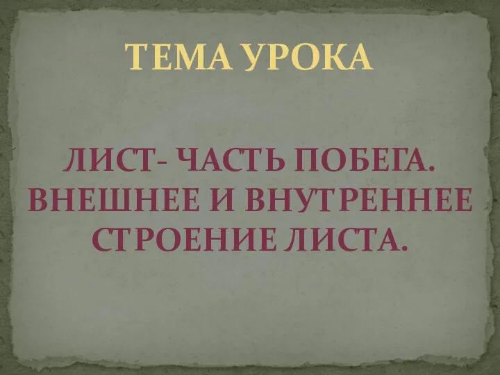 ТЕМА УРОКА ЛИСТ- ЧАСТЬ ПОБЕГА. ВНЕШНЕЕ И ВНУТРЕННЕЕ СТРОЕНИЕ ЛИСТА.