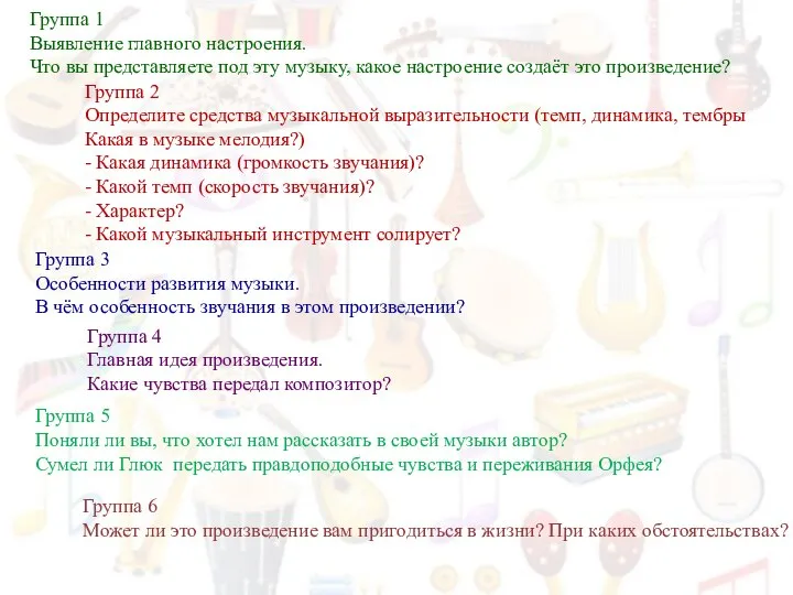 Группа 1 Выявление главного настроения. Что вы представляете под эту музыку, какое