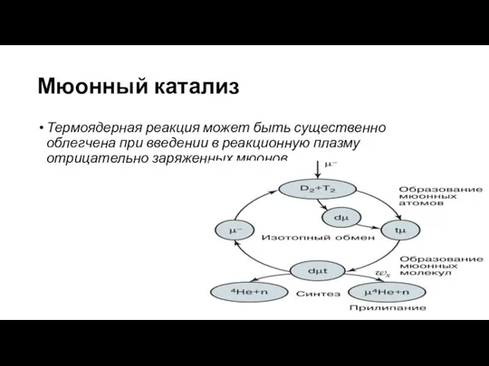 Мюонный катализ Термоядерная реакция может быть существенно облегчена при введении в реакционную плазму отрицательно заряженных мюонов.