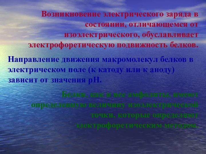 Возникновение электрического заряда в состоянии, отличающемся от изоэлектрического, обуславливает электрофоретическую подвижность белков.