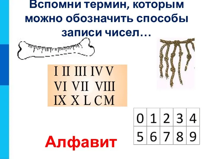 Вспомни термин, которым можно обозначить способы записи чисел… Алфавит