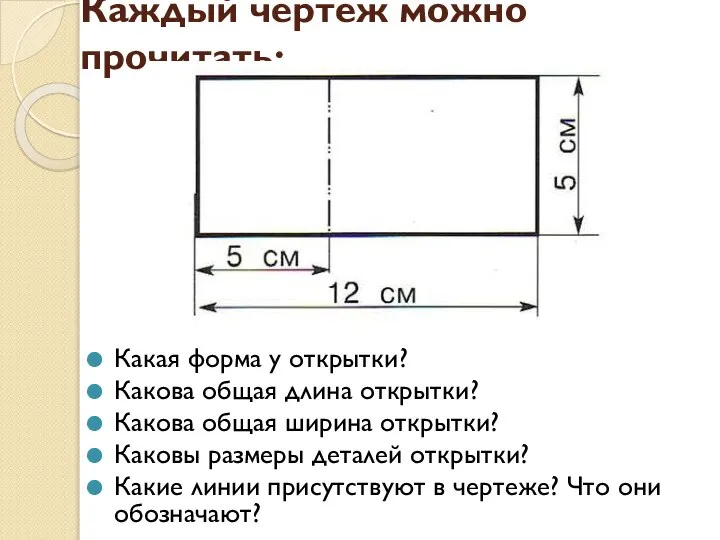 Каждый чертеж можно прочитать: Какая форма у открытки? Какова общая длина открытки?