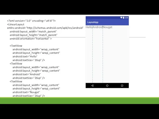 android:layout_width="match_parent" android:layout_height="match_parent" android:orientation="horizontal" > android:layout_width="wrap_content" android:layout_height="wrap_content" android:text="Hello" android:textSize="26sp" /> android:layout_width="wrap_content" android:layout_height="wrap_content" android:text="Android"