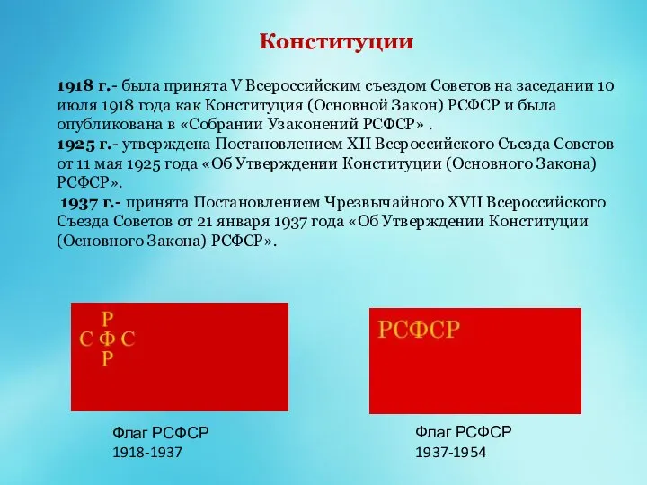 Конституции 1918 г.- была принята V Всероссийским съездом Советов на заседании 10