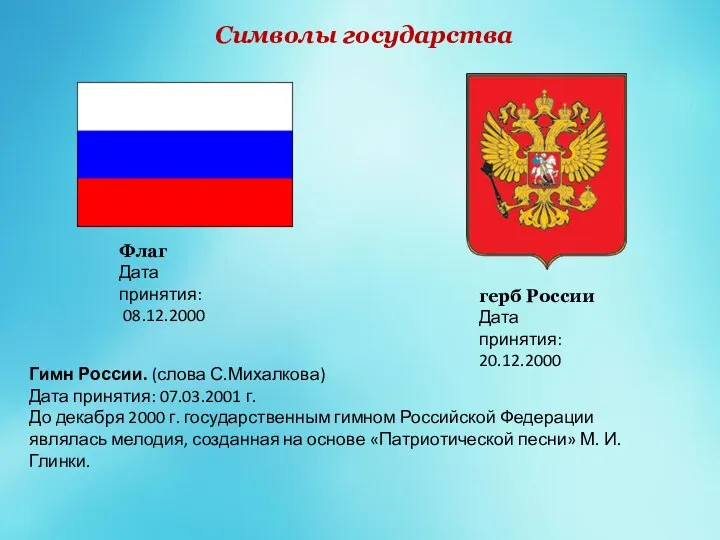 Символы государства Флаг Дата принятия: 08.12.2000 герб России Дата принятия: 20.12.2000 Гимн