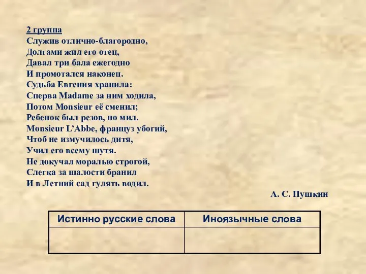 2 группа Служив отлично-благородно, Долгами жил его отец, Давал три бала ежегодно