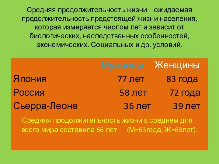 Средняя продолжительность жизни – ожидаемая продолжительность предстоящей жизни населения, которая измеряется числом