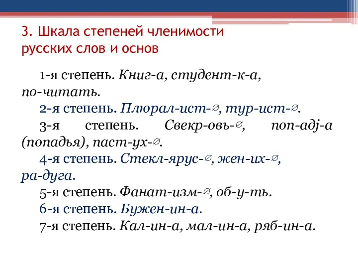 3. Шкала степеней членимости русских слов и основ 1-я степень. Книг-а, студент-к-а,