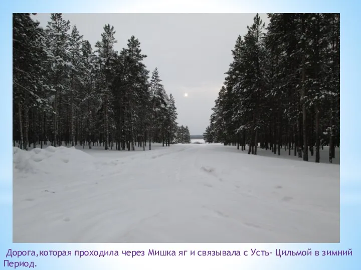 Дорога,которая проходила через Мишка яг и связывала с Усть- Цильмой в зимний Период.