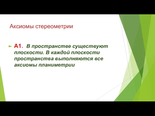 Аксиомы стереометрии А1. В пространстве существуют плоскости. В каждой плоскости пространства выполняются все аксиомы планиметрии