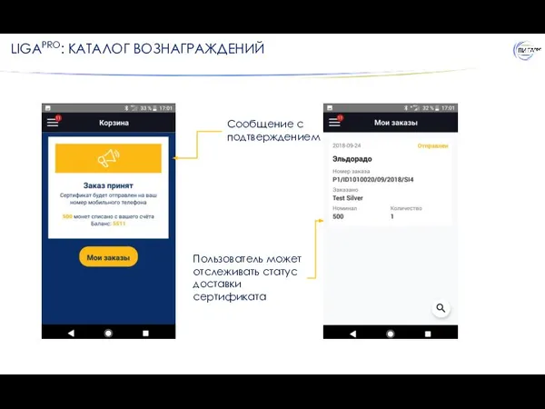 Сообщение с подтверждением Пользователь может отслеживать статус доставки сертификата LIGAPRO: КАТАЛОГ ВОЗНАГРАЖДЕНИЙ