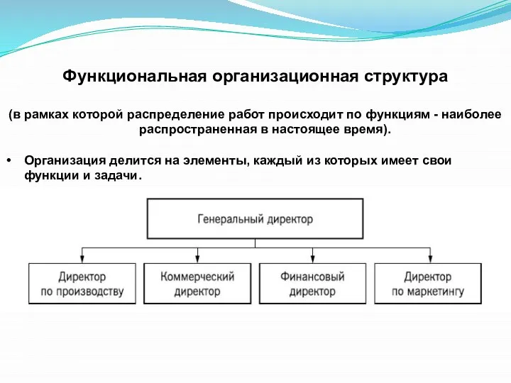 Функциональная организационная структура (в рамках которой распределение работ происходит по функциям -