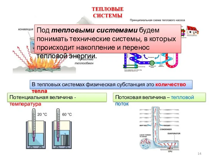 Потенциальная величина - температура Потоковая величина – тепловой поток В тепловых системах