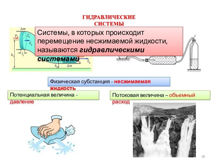 ГИДРАВЛИЧЕСКИЕ СИСТЕМЫ Системы, в которых происходит перемещение несжимаемой жидкости, называются гидравлическими системами