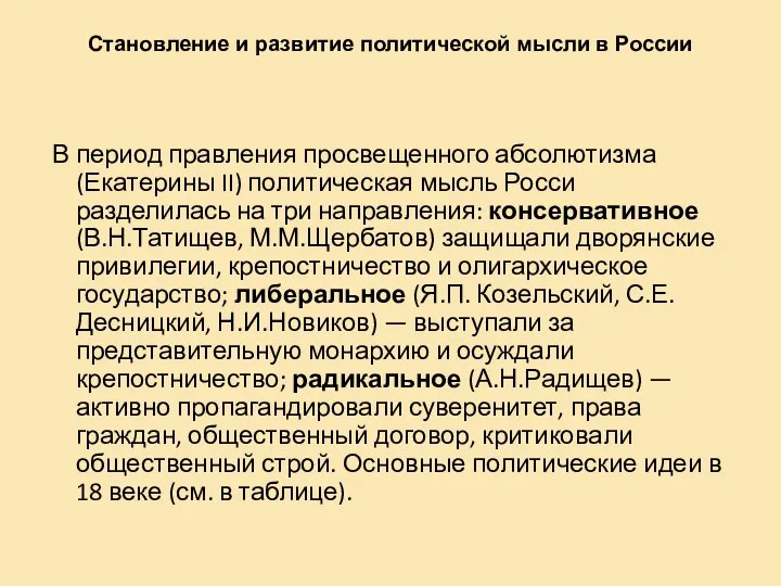 Становление и развитие политической мысли в России В период правления просвещенного абсолютизма