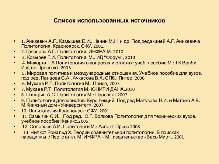 Список использованных источников 1. Аникевич А.Г., Камышев Е.И., Ненин М.Н. и др.