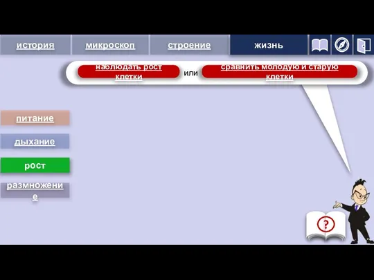 наблюдать рост клетки сравнить молодую и старую клетки питание дыхание рост размножение жизнь