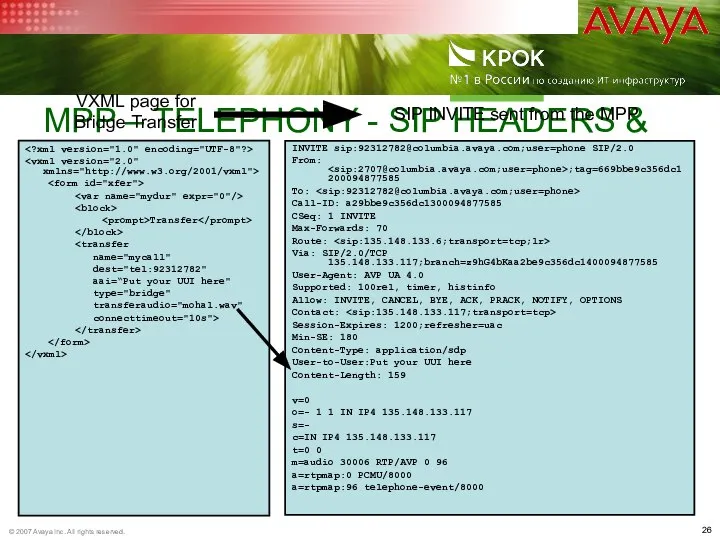 MPP – TELEPHONY - SIP HEADERS & UUI Transfer name="mycall" dest="tel:92312782" aai=“Put