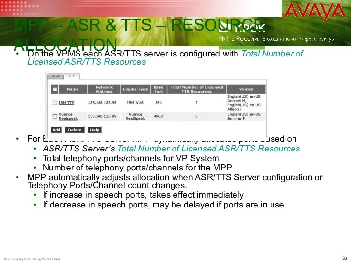MPP – ASR & TTS – RESOURCE ALLOCATION On the VPMS each
