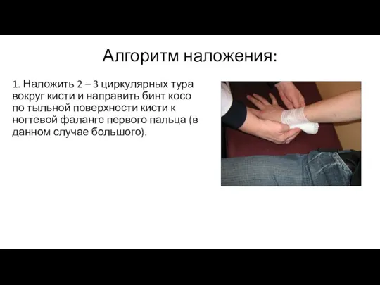 1. Наложить 2 – 3 циркулярных тура вокруг кисти и направить бинт