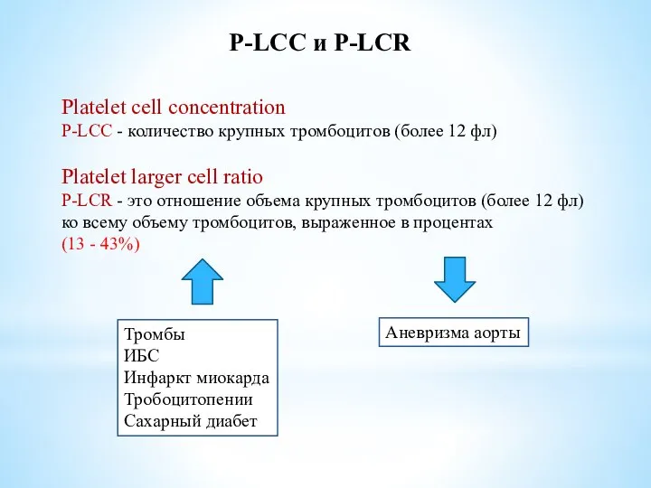 P-LCC и P-LCR Platelet cell concentration P-LCC - количество крупных тромбоцитов (более