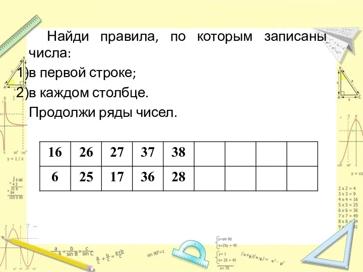 Найди правила, по которым записаны числа: в первой строке; в каждом столбце. Продолжи ряды чисел.