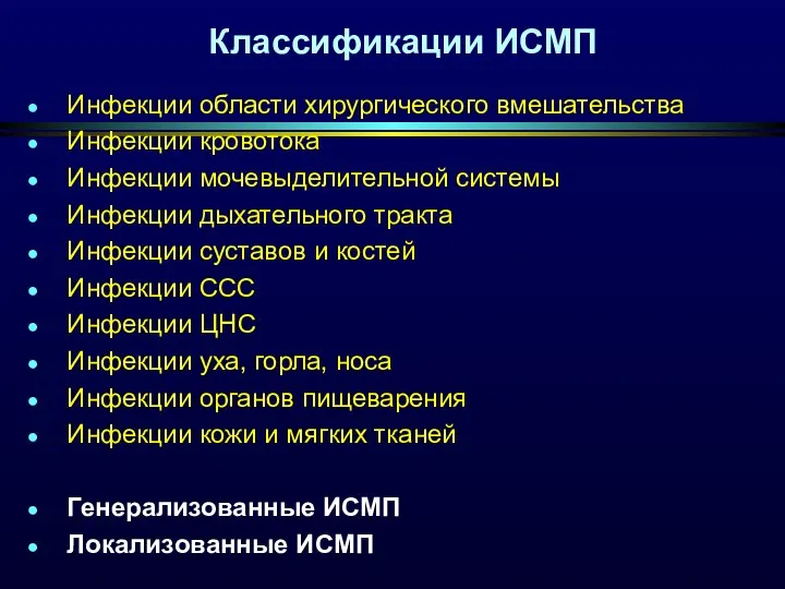 Классификации ИСМП Инфекции области хирургического вмешательства Инфекции кровотока Инфекции мочевыделительной системы Инфекции