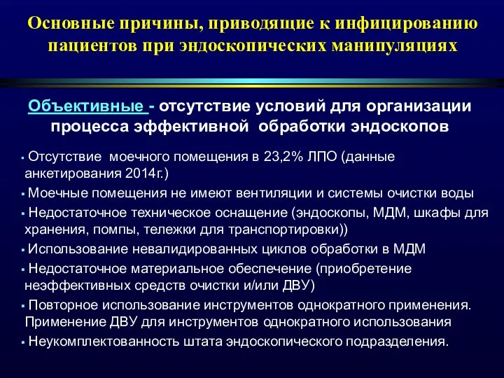 Основные причины, приводящие к инфицированию пациентов при эндоскопических манипуляциях Объективные - отсутствие