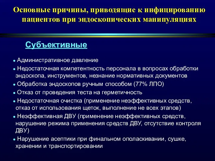 Основные причины, приводящие к инфицированию пациентов при эндоскопических манипуляциях Субъективные Административное давление