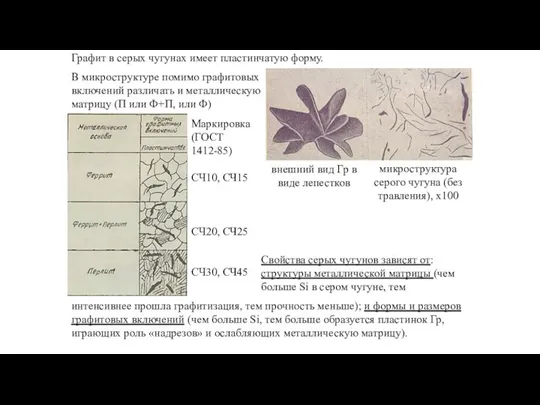 Графит в серых чугунах имеет пластинчатую форму. внешний вид Гр в виде