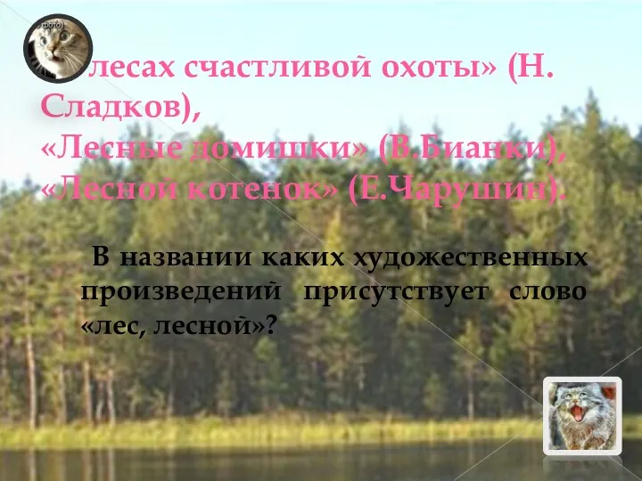 «В лесах счастливой охоты» (Н.Сладков), «Лесные домишки» (В.Бианки), «Лесной котенок» (Е.Чарушин). В