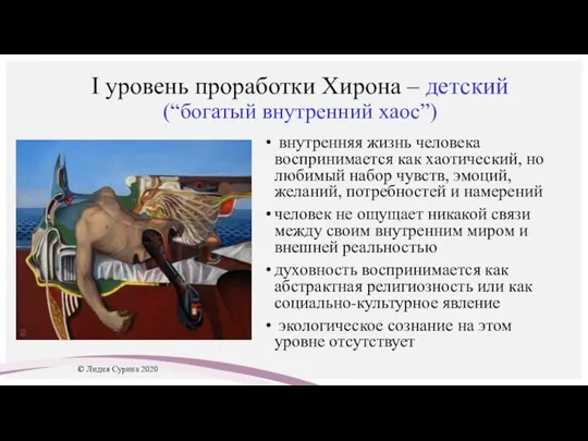 I уровень проработки Хирона – детский (“богатый внутренний хаoс”) внутренняя жизнь человека