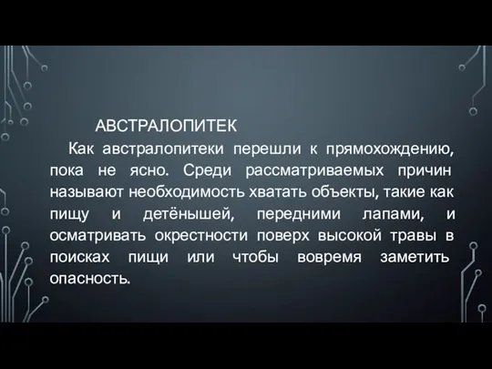 АВСТРАЛОПИТЕК Как австралопитеки перешли к прямохождению, пока не ясно. Среди рассматриваемых причин