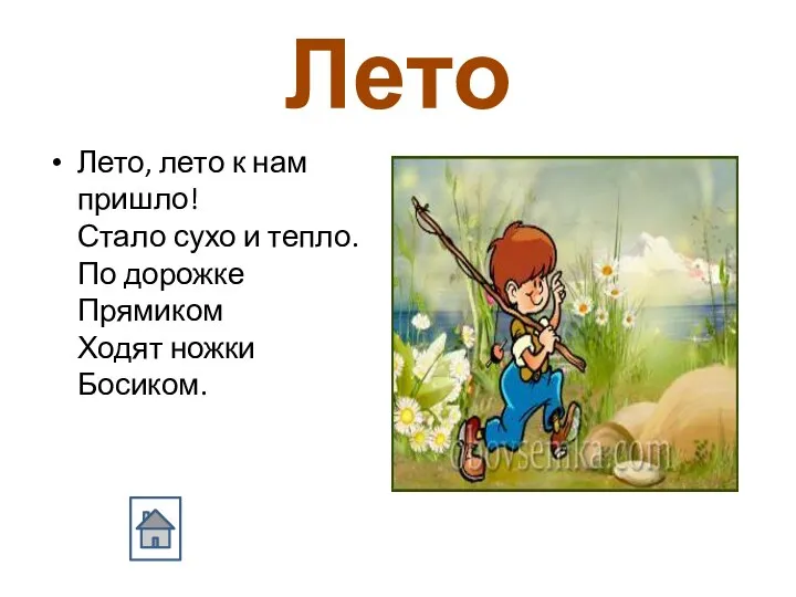 Лето Лето, лето к нам пришло! Стало сухо и тепло. По дорожке Прямиком Ходят ножки Босиком.