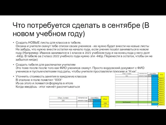 Что потребуется сделать в сентябре (В новом учебном году) Создать НОВЫЕ листы