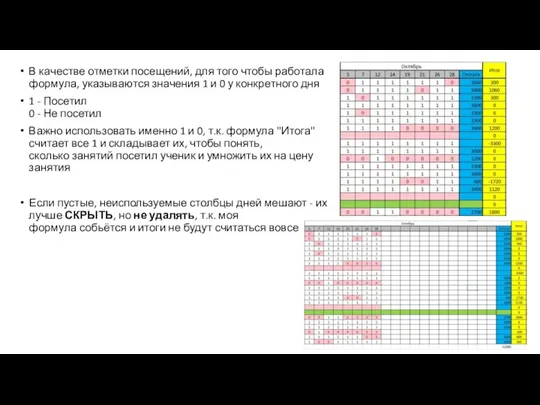 В качестве отметки посещений, для того чтобы работала формула, указываются значения 1