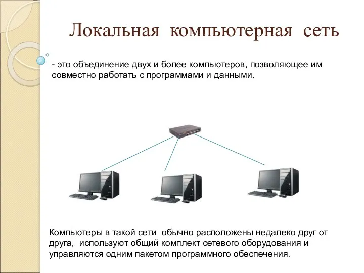 Локальная компьютерная сеть - это объединение двух и более компьютеров, позволяющее им